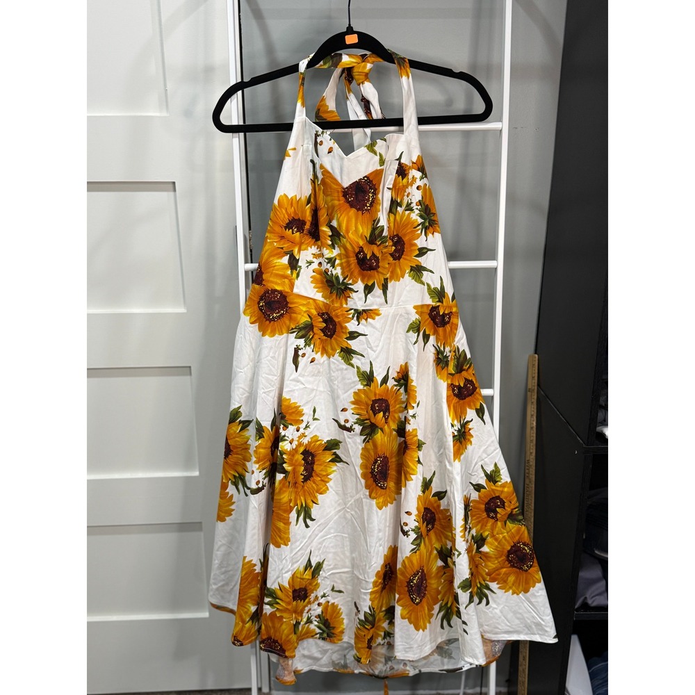 Topdress Sunflower Print Halter Midi Dress White Yellow Lace Up Back Retro Style